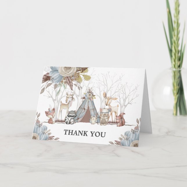 Carte De Remerciements Whimsical Tribal Woodland Animaux Baby shower Garç (Devant)