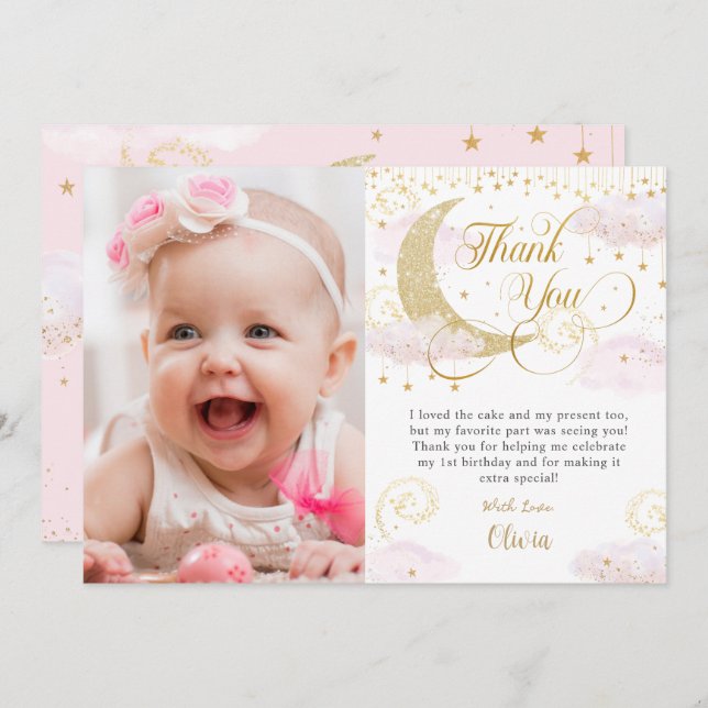 Carte De Remerciements Whimsical Twinkle petit étoile rose photo d'annive (Devant / Derrière)