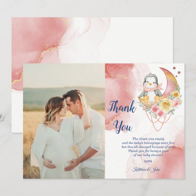 Carte De Remerciements Whimsland Wonderland Pink Penguin fille Baby showe (Devant / Derrière)