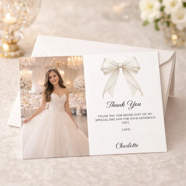 Carte De Remerciements White bow photo pearls girl Sweet 16 (Créateur téléchargé)