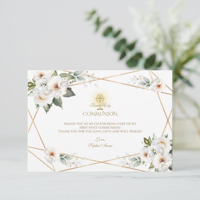 Carte De Remerciements White Cream Floral Gold Girl First Holy Communion  (Debout devant)