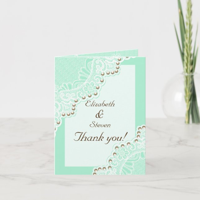 Carte De Remerciements White lace with pearls mint wedding Thank You (Devant)