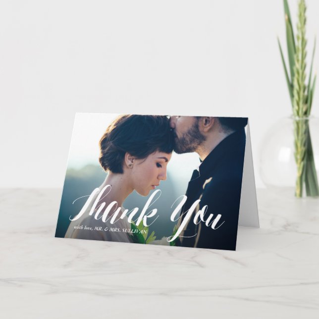 Carte De Remerciements White Modern Calligraphy Photo Wedding Thank You (Devant)