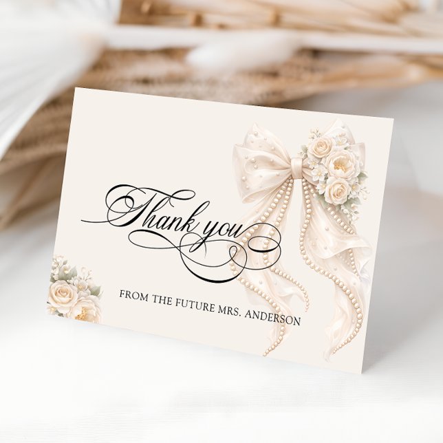 Carte De Remerciements White Pearl Bow Bridal Shower Thank You Card (Créateur téléchargé)