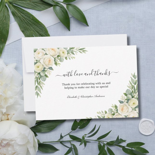 Carte De Remerciements White Roses Cream Floral Greenery Wedding (White Roses Cream Watercolor Florals Elegant Classic Wedding thank you cards)