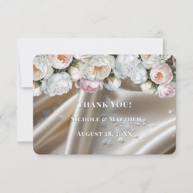 Carte De Remerciements White Satin Roses and Peony Wedding (Devant)