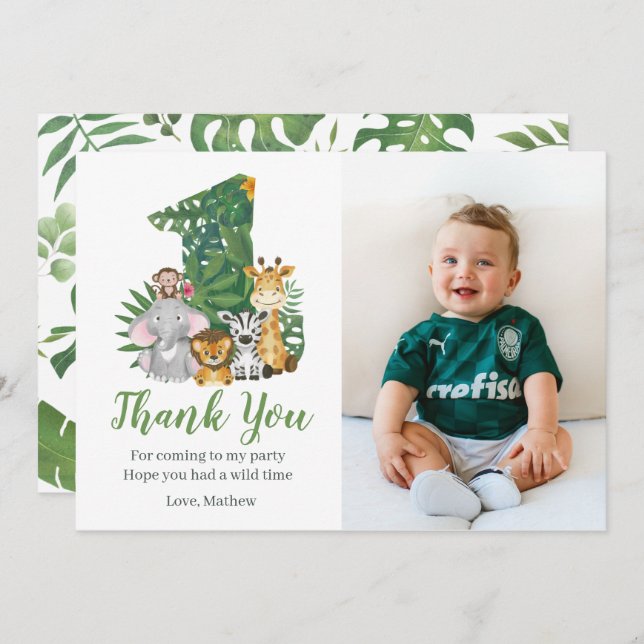 Carte De Remerciements Wild One Baby 1er Anniversaire Jungle Safari (Devant / Derrière)