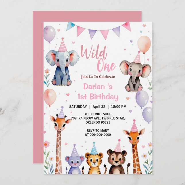 Carte De Remerciements Wild One Cute Animaux Ballons filles 1er anniversa (Devant / Derrière)