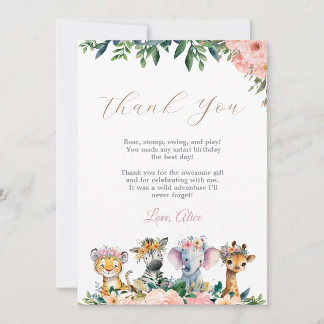 Carte De Remerciements Wild Safari Animals Girl First Birthday (Devant)