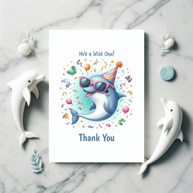Carte De Remerciements Wild Un 1er Anniversaire Dauphin Thème (Wild One 1st Birthday Dolphin Themed Thank You Card)