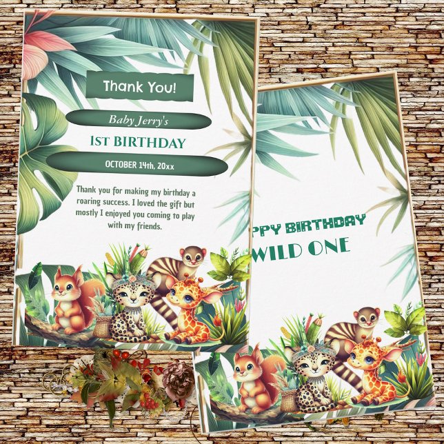 Carte De Remerciements Wild Un Anniversaire Jungle Safari Tropical Green (Wild One Birthday Jungle Safari Tropical Leaves Greenery Thank You Card)