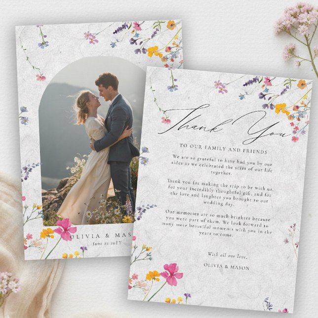 Carte De Remerciements Wildflower Garden Modern Ivory Arch Photo Wedding (wildflower wedding photo thank you watercolor garden backyard barn summer spring arch ivory)