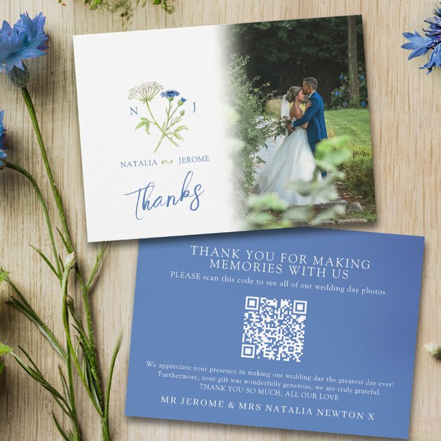 Carte De Remerciements Wildflower monogram blue wedding photo QR Code (Créateur téléchargé)