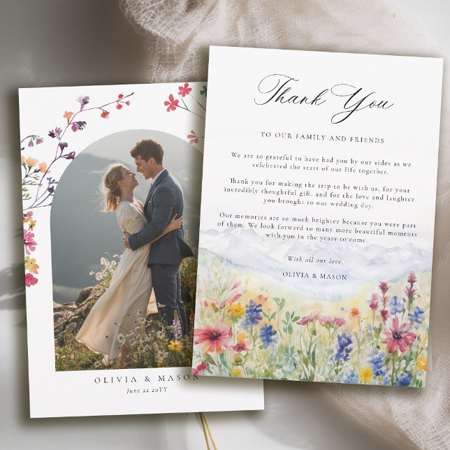 Carte De Remerciements Wildflower Mountain Arch Photo Elegant Wedding (mountains wedding thank you card boho arch photo wildflowers meadow floral watercolor)
