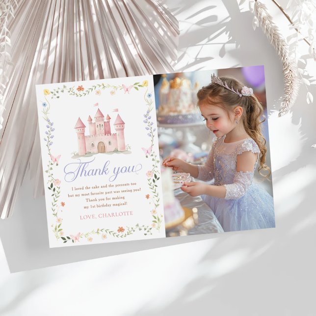 Carte De Remerciements Wildflower Princess Castle 1st Birthday Photo (Créateur téléchargé)