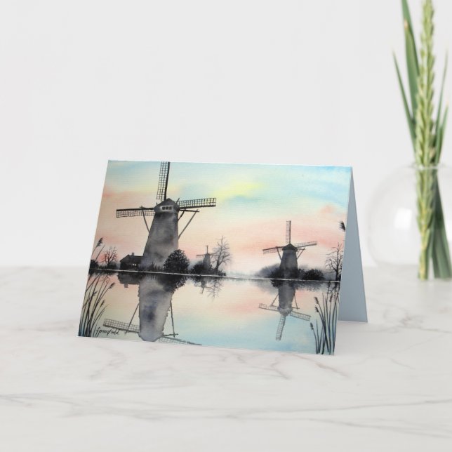 Carte De Remerciements Windmills at Dawn Watercolor Peinture paysagère (Devant)