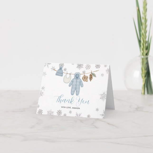Carte De Remerciements Winter Blue Boy Baby Shower Snowflakes Thank You (Devant)