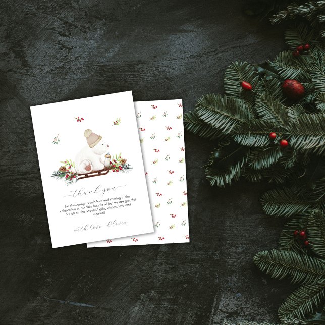 Carte De Remerciements Winter Floral Sleigh Polar Bear Baby Shower  (Winter Floral Sleigh Polar Bear Baby Shower Thank You Card)