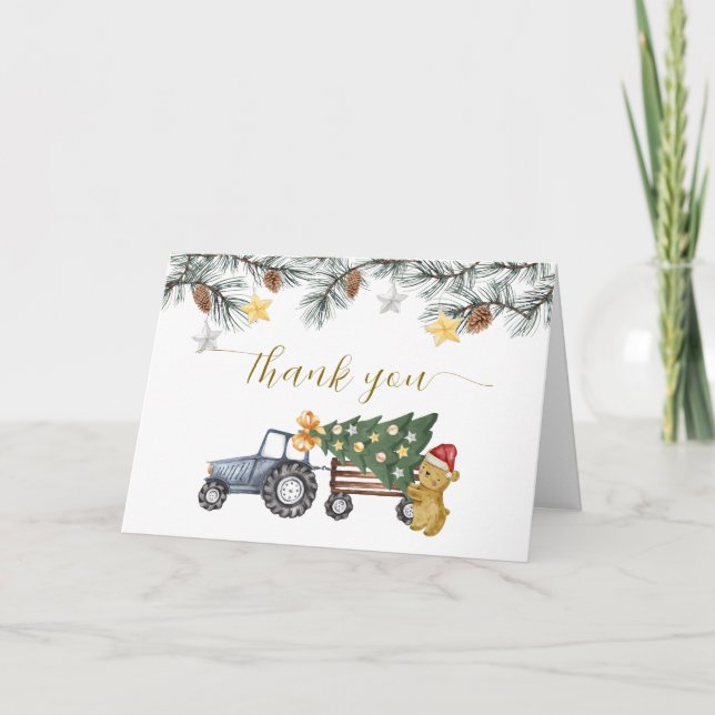 Carte De Remerciements Winter Floral X'mas Tree Tractor Bear Baby Shower  (Devant)