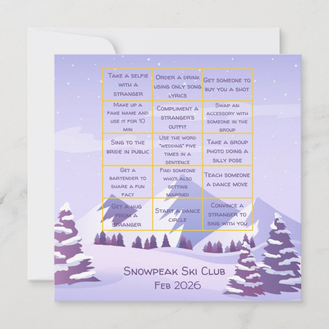 Carte De Remerciements Winter Mountains Bachelorette Party Bingo Game (Devant)