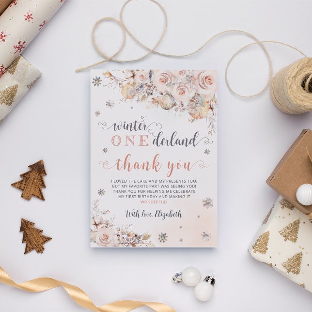 Carte De Remerciements Winter Onederland Or rose Anniversaire (Créateur téléchargé)