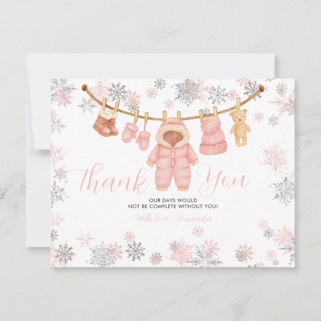 Carte De Remerciements Winter Pink Girl Baby Shower Snowflakes Thank You (Devant)