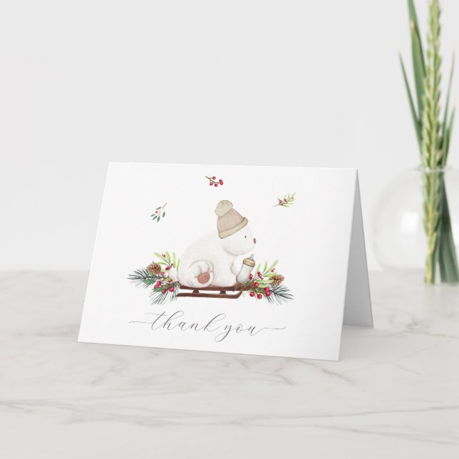 Carte De Remerciements Winter Wooden Sleigh Polar Bear Baby Shower  (Devant)