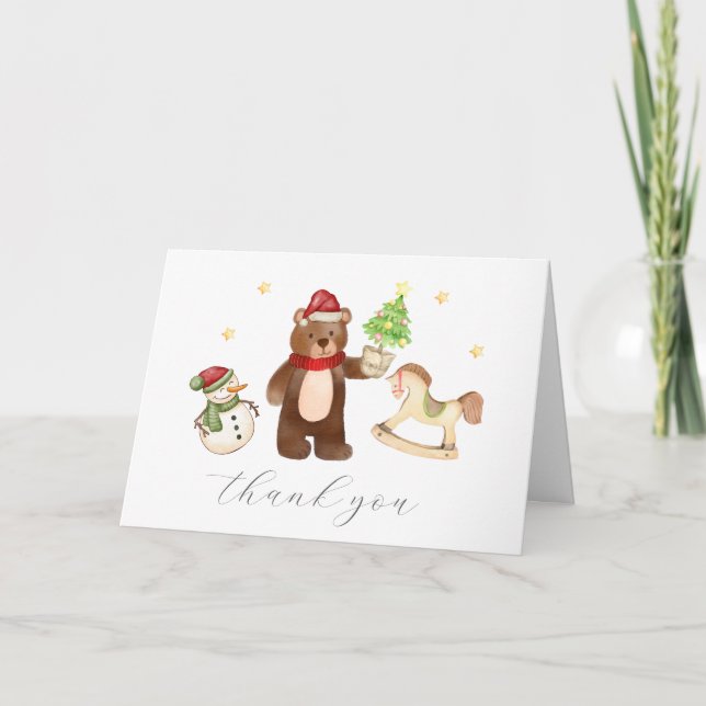 Carte De Remerciements Winter Woodland Teddy Bear Snowman Baby Shower (Devant)
