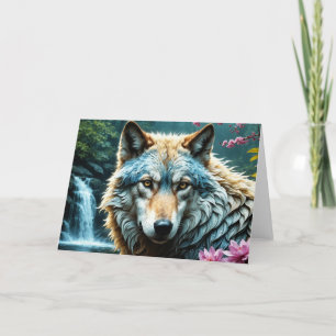 Carte De Remerciements Wolf debout dans la rivière avec des fleurs