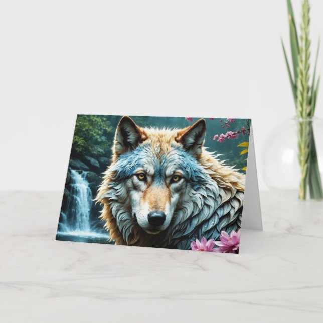 Carte De Remerciements Wolf debout dans la rivière avec des fleurs (Devant)