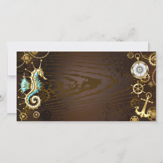 Carte De Remerciements Wooden Background with Mechanical Seahorse (Devant)
