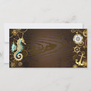 Carte De Remerciements Wooden Background with Mechanical Seahorse