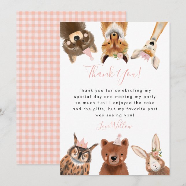 Carte De Remerciements Woodland Animaux Fille fête d'anniversaire (Devant / Derrière)