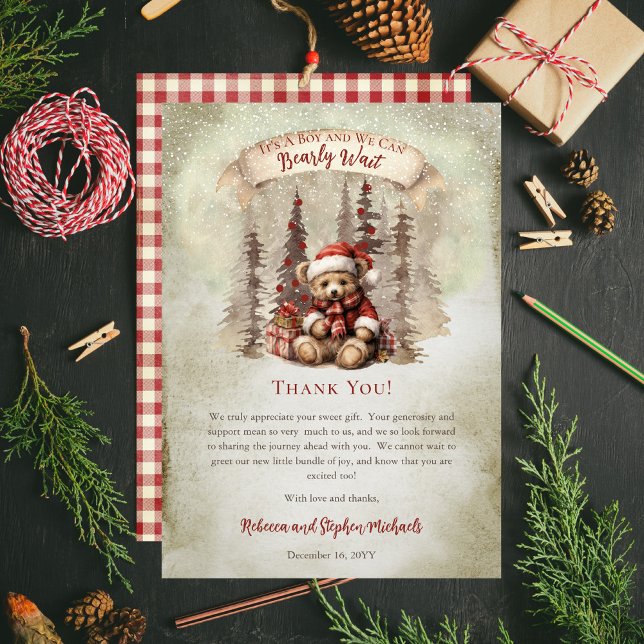 Carte De Remerciements Woodland Bear Bearly Wait Holiday Boy Baby shower ("It's A Boy and We Can Bearly Wait" Baby Shower rustic woodland Christmas Thank You card)