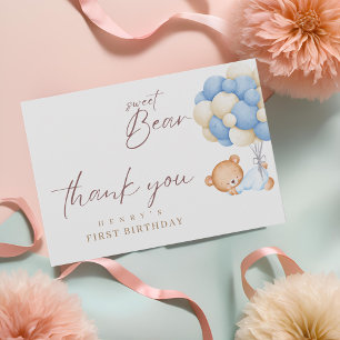 Carte De Remerciements Woodland Bear Boy 1er Anniversaire Party Pastel