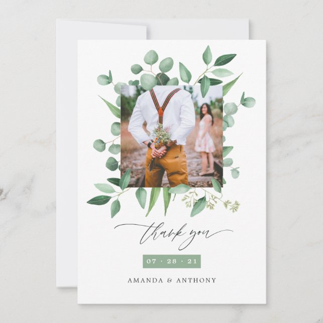 Carte De Remerciements Woodland Eucalyptus Green Mariage Photo Collage (Devant)