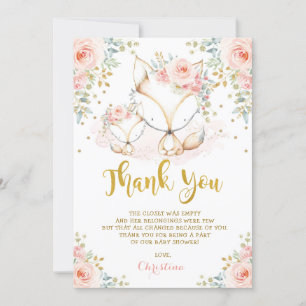 Carte De Remerciements Woodland Fox Blush Gold Floral Girl Baby shower Th