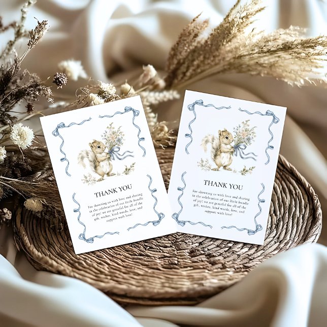 Carte De Remerciements Woodland Watercolor Blue Ribbon Squirrel Baby  (Créateur téléchargé)