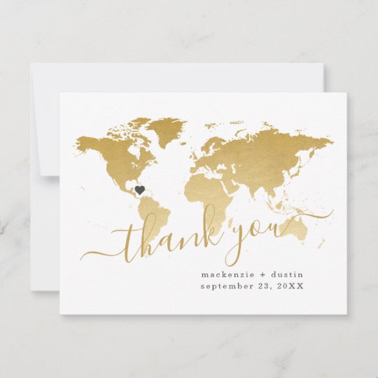 Carte De Remerciements World Map Destination Wedding Gold personnalisé