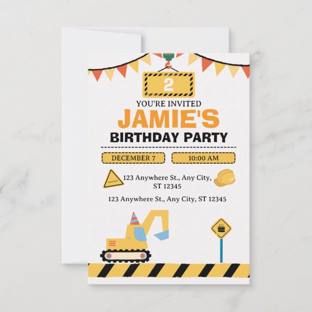 Carte De Remerciements Yellow Cute Construction Truck Boys 2nd Birthday (Devant)