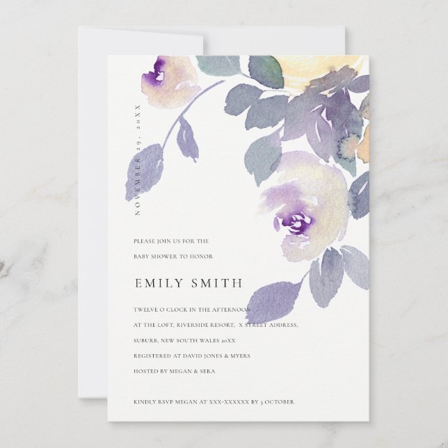 CARTE DE REMERCIEMENTS YELLOW LILAC PURPLE ROSE FLORAL BABY SHOWER INVITA (Devant)