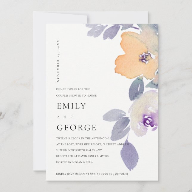 CARTE DE REMERCIEMENTS YELLOW LILAC PURPLE ROSE FLORAL COUPLE SHOWER CARD (Devant)