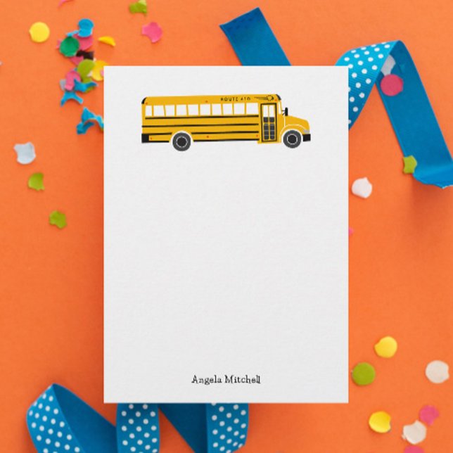Carte De Remerciements Yellow School Bus Personal Stationery Flat Cards (fun personalized yellow school bus flat note card stationery with custom name and route number)