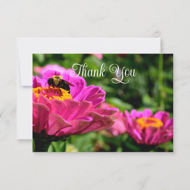 Carte De Remerciements Zinnia rose avec bourdon, fleurs roses, abeille mi (Devant)