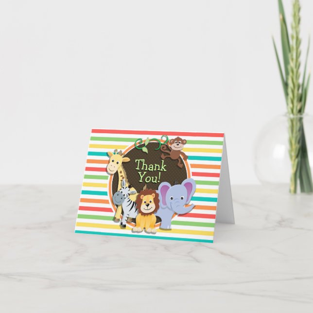 Carte De Remerciements Zoo Animaux Baby shower, Bright Rainbow Stripes (Devant)