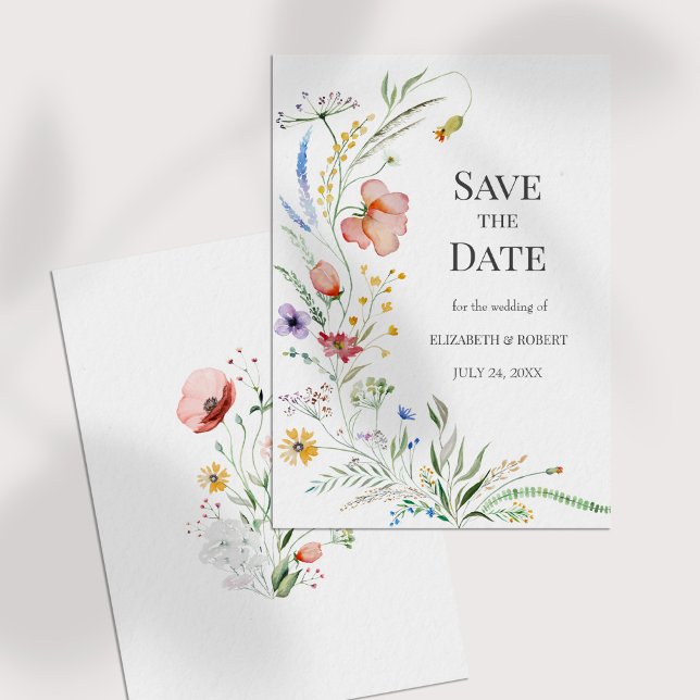 Carte de Remise de Date avec Fleurs Sauvages Aquar (Boho Watercolor Wildflowers Save The Date Card on a white table)