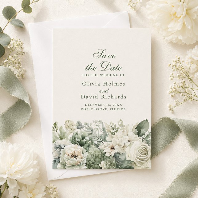 Carte de Remise de Date Bohème Vert Sauge & Fleurs (Boho Sage Green & Ivory Flowers Save The Date Card on a table with white flowers and green ribbon)