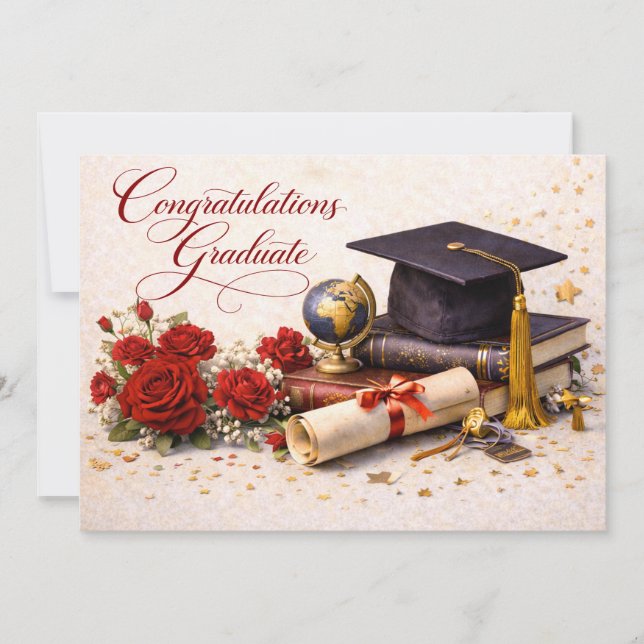 Carte de remise de diplôme élégante avec roses rou (Devant)
