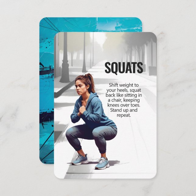 Carte de remise en forme Squats avec support bleu (Devant / Derrière)