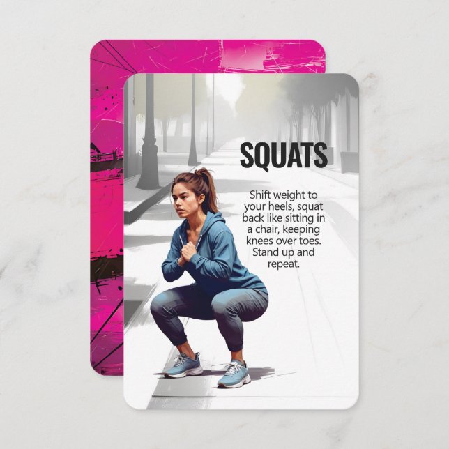 Carte de remise en forme Squats avec support rose (Devant / Derrière)